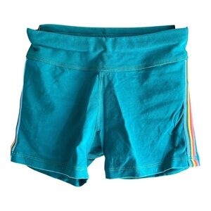 Hanna Andersson size 120 (6-7) teal shorts with rainbow racer stripe -